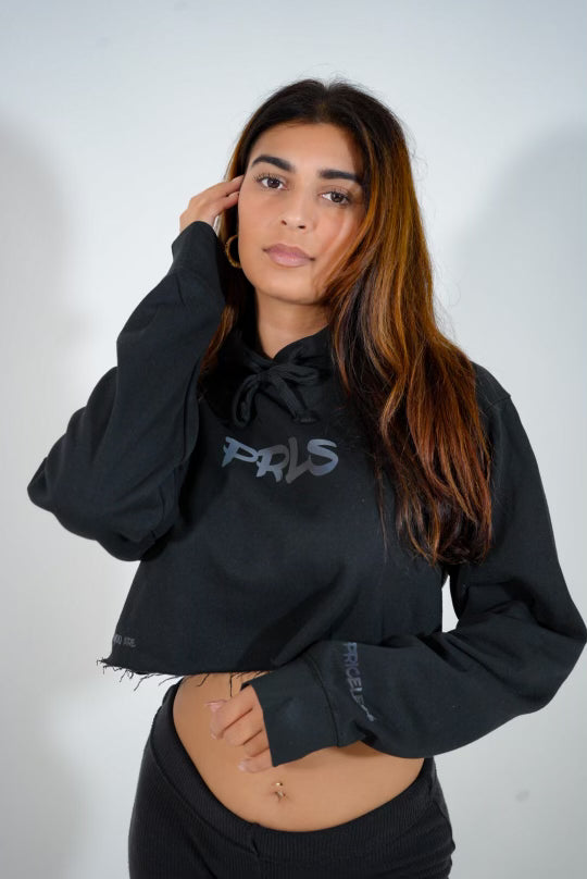 Black Reflective PRLS Crop Top Hoodie