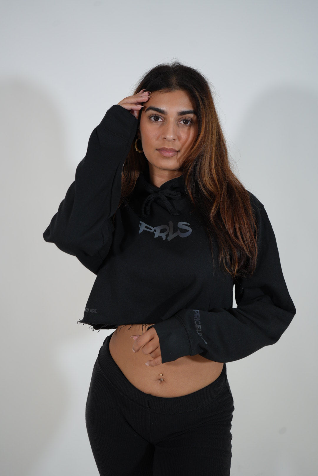 Black Reflective PRLS Crop Top Hoodie